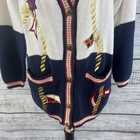 Vintage Karen Scott Cardigan Sweater size Small Red Blue Nautical Sailor Boating - Picture 6 of 10